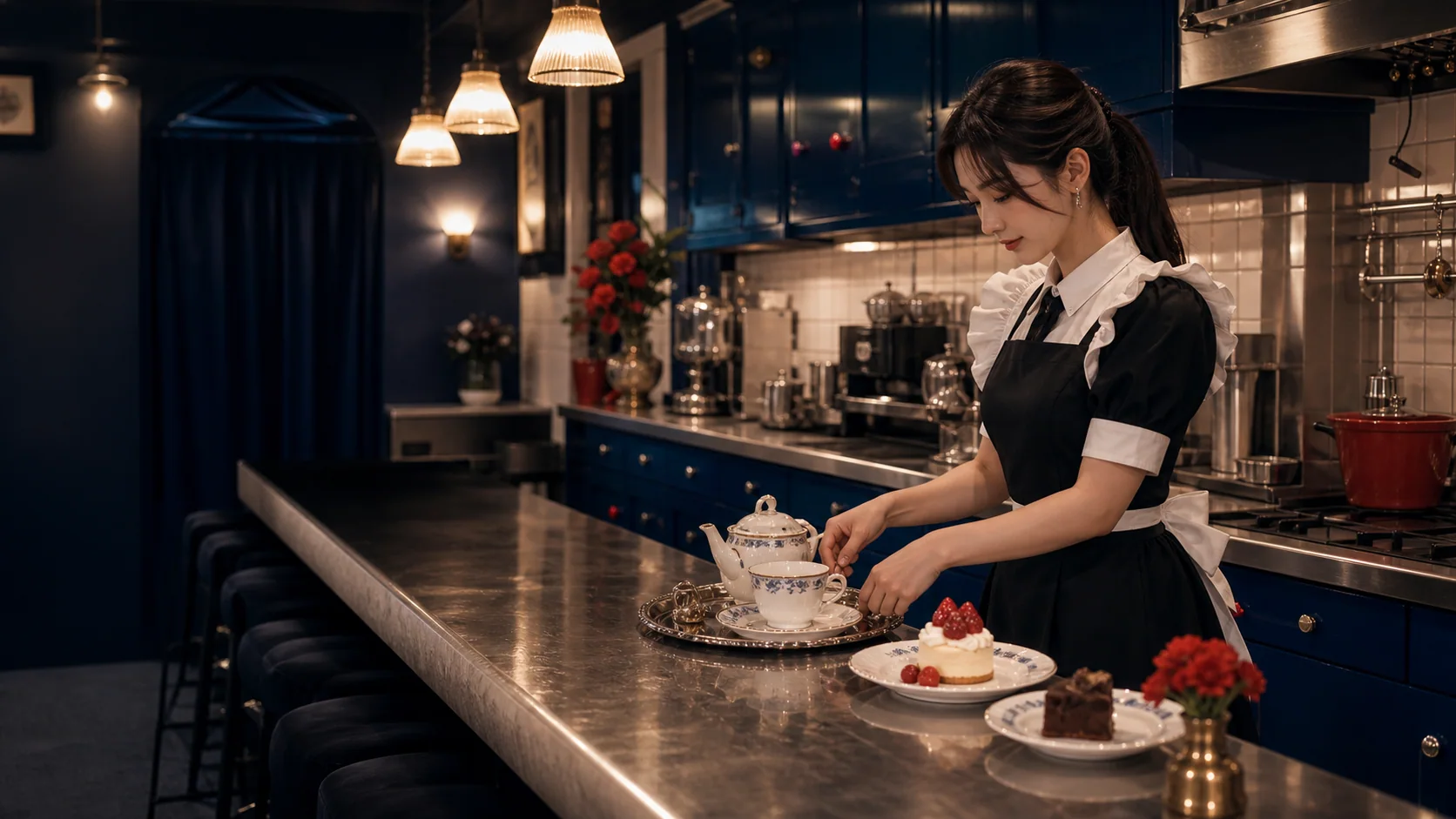 濃紺の給仕カウンターで、成人のスタッフが紅茶とケーキを銀盆へ整えている架空の店内