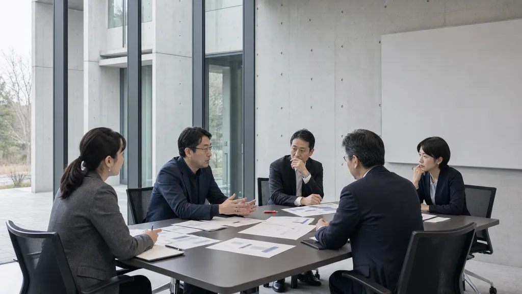 企業の会議室で組織的先延ばし調査を行う研究チーム