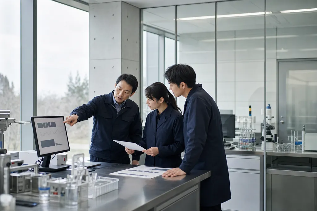 行動観測室で開始判断のデータを確認する研究員