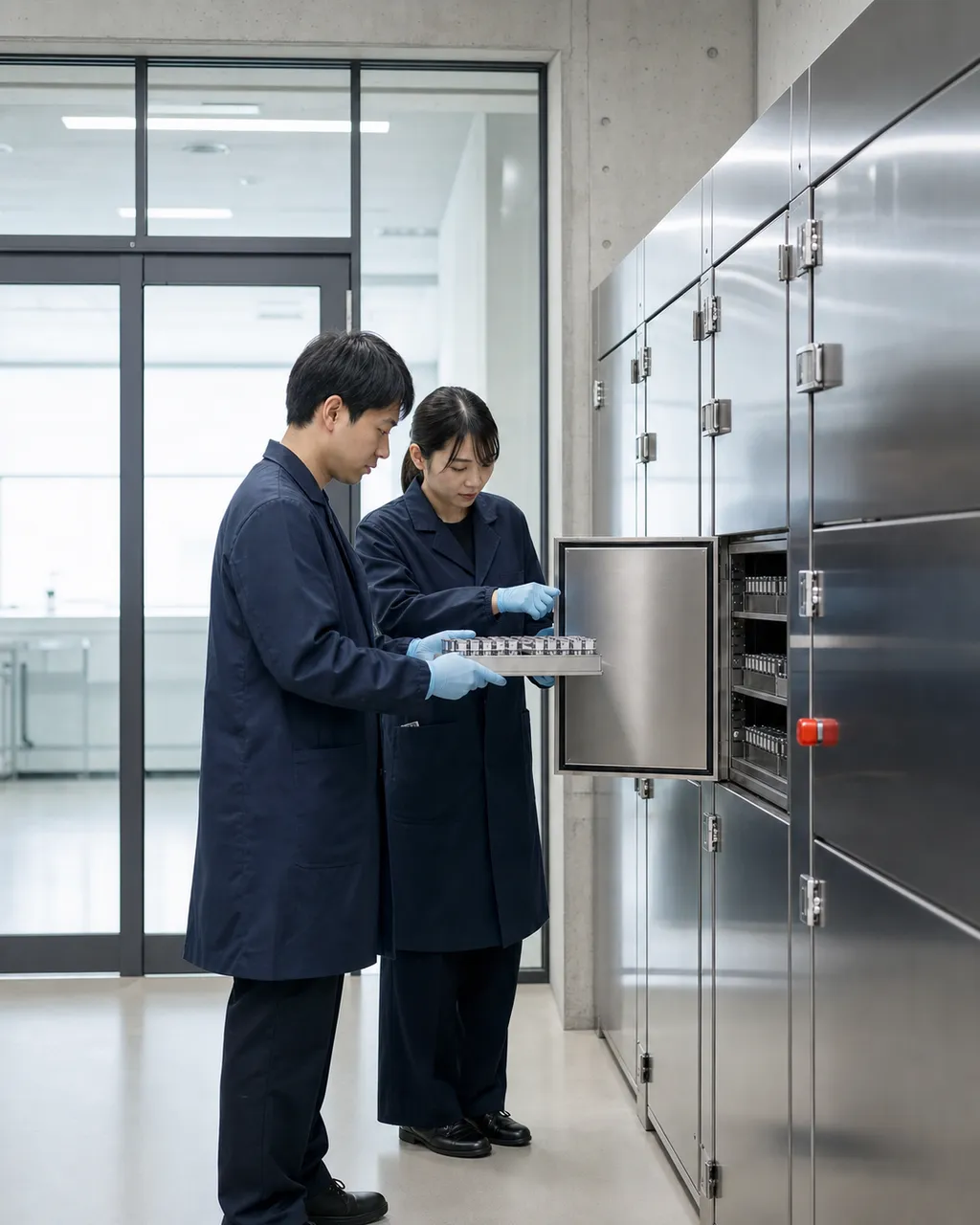 やる気低温保存設備の計器を点検する研究員